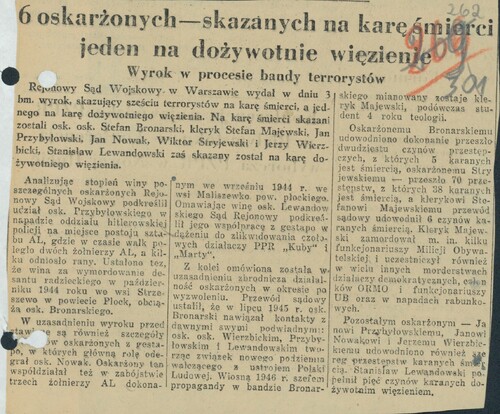 Artykuł z prasy komunistycznej o wydaniu w 1950 r. przez komunistyczny tzw. sąd wyroków na żołnierzy sztabu 11. Grupy Operacyjnej NSZ (w efekcie komuniści zamordowali m.in. Wiktora Stryjewskiego). W roli bohatera przywołuje się tu Jakuba Krajewskiego, koordynującego z ramienia PPR mordy przeprowadzane przez grupę Rypińskiego (z zasobu AIPN)