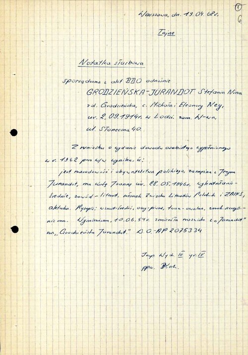 Notatka służbowa dot. Stefani Grodzieńskiej, 19 kwietnia 1968 r. (z zasobu AIPN)