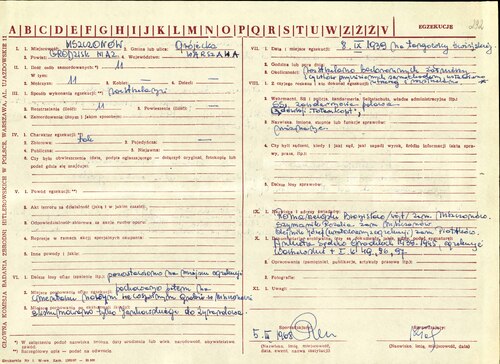 Pierwsza strona ankiety Głównej Komisji Badania Zbrodni Hitlerowskich w Polsce - IPN. Wójt Bronisław Romaszewski, Rozalia Szymanik i Józef Olejnik zeznawali jako świadkowie o publicznym rozstrzelaniu przez Niemców 8 września 1939 r. 11 osób w Mszczonowie (z zasobu AIPN)