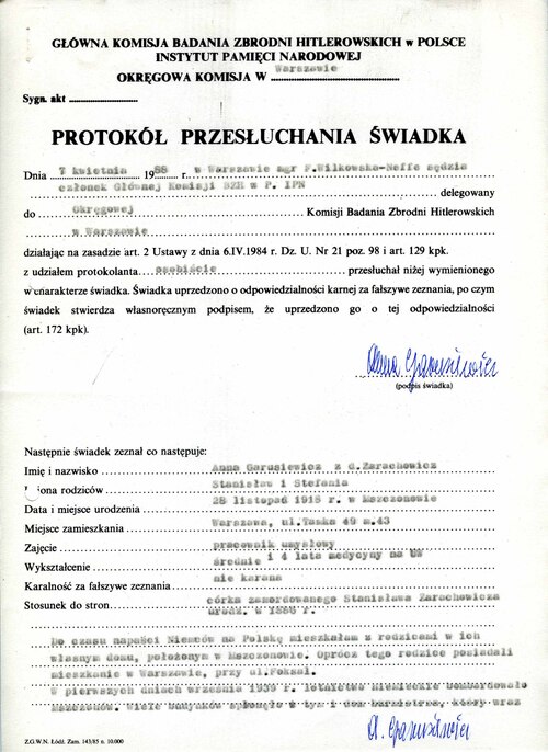 Pierwsza strona protokołu przesłuchania świadka z 7 kwietnia 1988 r. przez Głównej Komisji Badania Zbrodni Hitlerowskich w Polsce - IPN. Protokół zawiera relację z wydarzeń we wrześniu 1939 r. Anny Garusiewicz, córki rozstrzelanego wtedy przez Niemców w Mszczonowie Stanisława Zarachowicza (z zasobu AIPN)