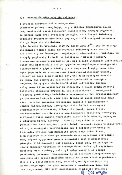 Druga strona protokołu przesłuchania świadka. Relacja Anny Garusiewicz z wydarzeń we wrześniu 1939 r. (z zasobu AIPN)