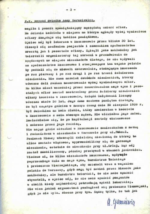 Trzecia strona protokołu przesłuchania Anny Garusiewicz, córki rozstrzelanego przez Niemców Stanisława Zarachowicza (z zasobu AIPN)