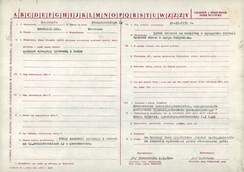Ankieta Głównej Komisji Badania Zbrodni Hitlerowskich w Polsce - IPN opisująca egzekucje niemieckie z II wojny światowej. Burmistrz Bronisław Romaszewski i Zygmunt Kraszewski zeznawali o niemieckiej zbrodni z 21 września 1939 r. spalenia żywcem Żydów w synagodze w Mszczonowie (z zasobu AIPN)
