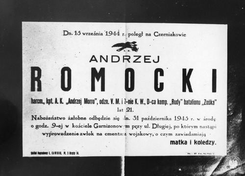 Nekrolog Andrzeja Romockiego, ps. Andrzej Morro, wywieszony przed jego pogrzebem zaplanowanym na 31 października 1945 r. (z zasobu AIPN)