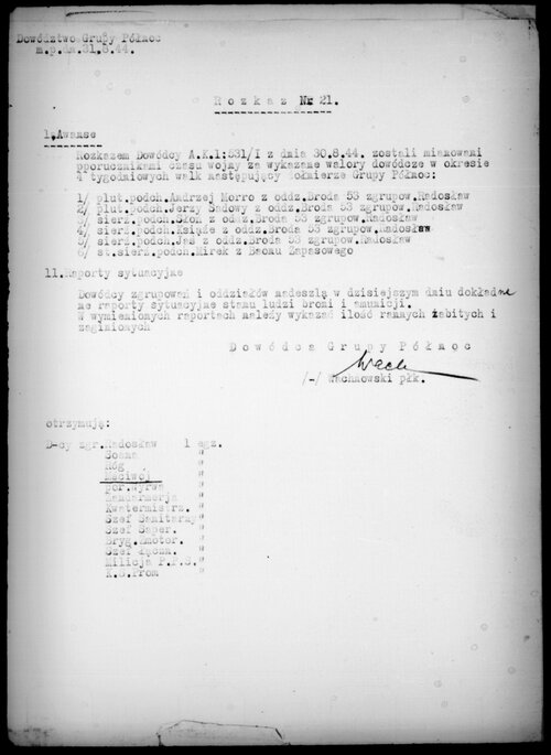 Awans plutonowego podchorążego Andrzeja Romockiego pseud. „Morro” na podporucznika (z zasobu AIPN)