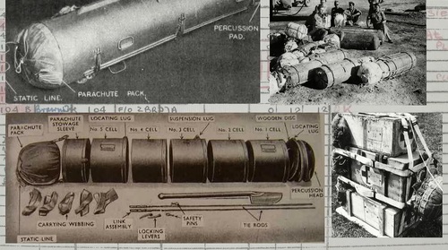 Zasobniki ze zrzutów alianckich. Kadr z prezentacji do wykładu Dawida Golika pt. „Nie tylko cichociemni... Zrzuty materiałowe dla Armii Krajowej w latach 1941-1944”