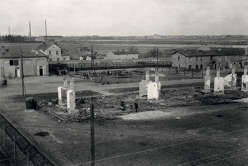 Zgliszcza drewnianych baraków na terenie byłego obozu karno-śledczego w Żabikowie, które spłonęły w dniu likwidacji obozu, 1945 rok