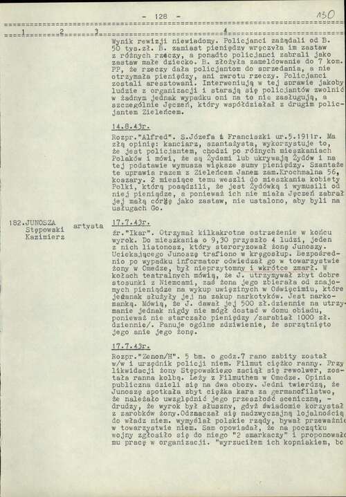 Informacje dotyczące Kazimierza Junoszy-Stępowskiego oraz jego żony Marii, pochodzące ze sporządzonego przez Ministerstwo Spraw Wewnętrznych w Warszawie „Wykazu osób występujących w materiałach archiwalnych okresu okupacji rozpracowywanych przez wywiad i kontrwywiad Armii Krajowej” (z zasobu IPN)