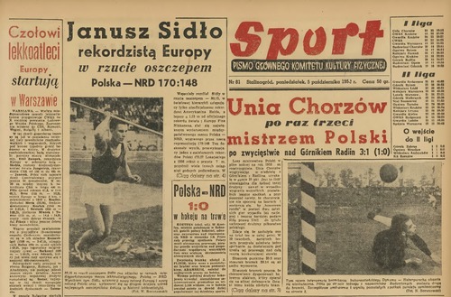 Strona tytułowa katowickiego „Sportu” po rekordowym rzucie w Jenie (nr 81, 5.10.1953, z archiwum Autora)
