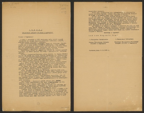 Pierwsza strona Odezwa Światowego Związku Polaków z Zagranicy (Światpolu) dotycząca pomocy Polonii dla zaatakowanej ojczyzny, podpisana przez prezesa Światpolu Władysława Raczkiewicza i pierwszego wiceprezesa tej organizacji Bronisława Hełczyńskiego. Warszawa, 2 września 1939 r. (ze zbiorów Biblioteki Narodowej – Polona)