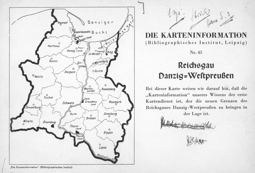 Mapa okręgu Gdańsk - Prusy Zachodnie (niem. Reichsgau Danzig-Westpreußen) utworzonego na obszarze anektowanych ziem II RP, Wolnego Miasta Grańska oraz niemieckiej rejencji zachodniopruskiej z prowincji Prusy Wschodnie