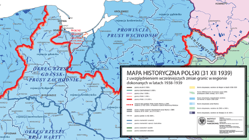 Fragment mapy edukacyjnej IPN przedstawiający niemiecki okręg Gdańsk - Prusy Zachodnie (niem. Reichsgau Danzig-Westpreußen)