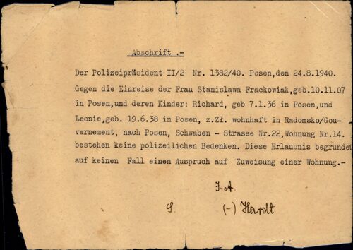Dokumentacja dot. wysiedlenia z Poznania do Radomska Stanisławy Frąckowiak z dziećmi: Wojciechem, Leoną i Małgorzatą (z zasobu AIPN)