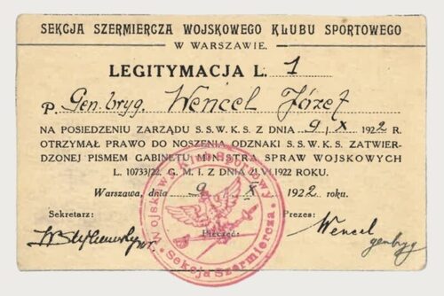Legitymacja upoważniająca Józefa Wencla do noszenia odznaki Sekcji Szermiercza Wojskowego Klubu Sportowego, 9 października 1922 r (z zasobu AIPN)