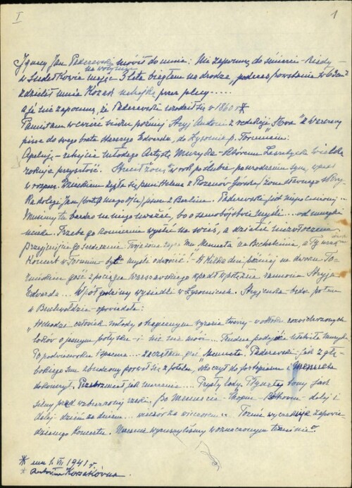 Pierwsza strona rękopisu wspomnień Marii Chełkowskiej dotyczącego znajomości z Ignacym Janem Paderewskim (z zasobu AIPN)