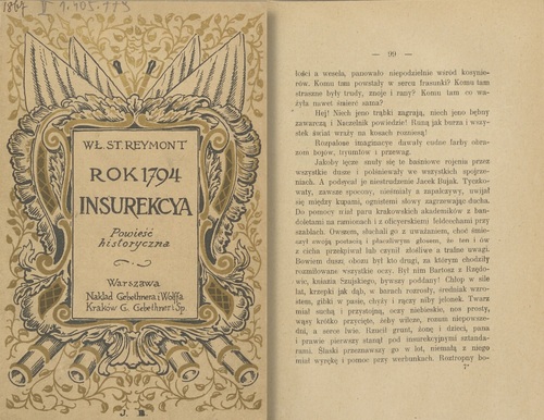 Okładka i jedna ze stron powieści Władysława Reymonta <i>Rok 1794. Insurekcja</i>, wyd. Gebethner i Wolff, 1918 (ze zbiorów Biblioteki Narodowej)