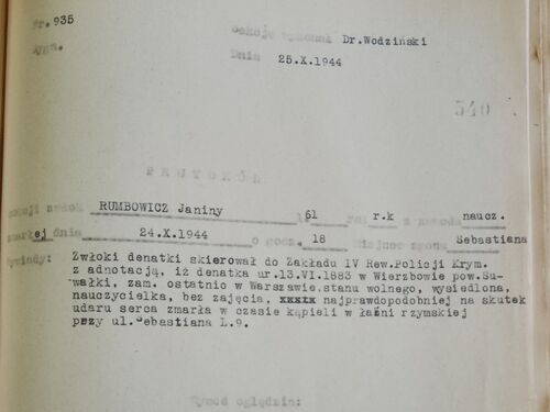 Protokół sekcji zwłok Janiny Rumbowicz (z zasobu Archiwum Zakładu Medycyny Sądowej UJ)