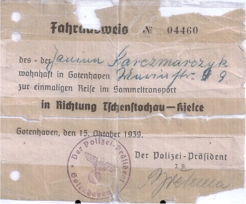 Bilet kolejowy przyznawany osobom opuszczającym Gdynię, w tym wypadku w kierunku Częstochowa – Kielce (fot. z zasobu IPN)