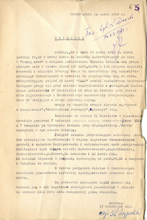Meldunek dowódcy II Batalionu ZOMO z 14 marca 1983 r. (z zasobu AIPN)