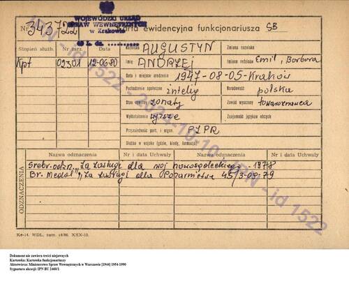 Karta ewidencyjna funkcjonariusza SB dot. Andrzeja Augustyna (z zasobu AIPN)