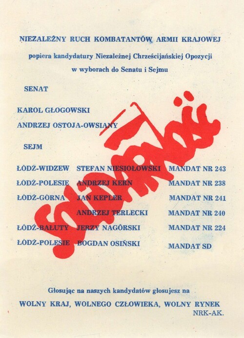 Ulotka wyborcza informująca o poparciu udzielanym przez Niezależny Ruch Kombatantów Armii Krajowej (ze zbiorów Archiwum Państwowego w Łodzi)