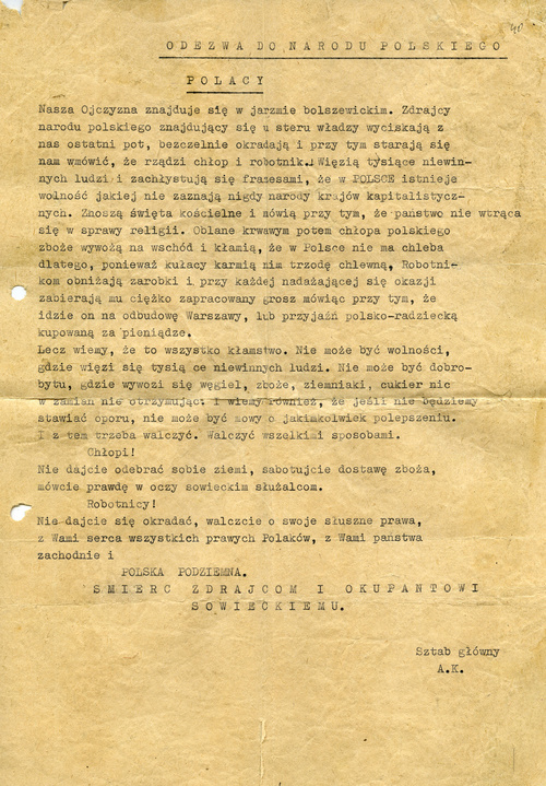 Ulotka wydana przez organizację antykomunistyczną „Biały Orzeł” w Moszczenicy (fot. z zasobu AIPN)