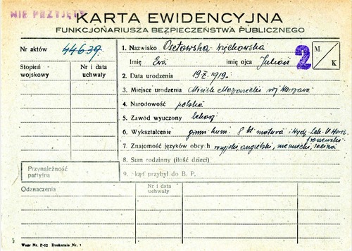 Ewa Osetowska, karta ewidencyjna z kartoteki osobowej b. funkcjonariuszy (z zasobu IPN)
