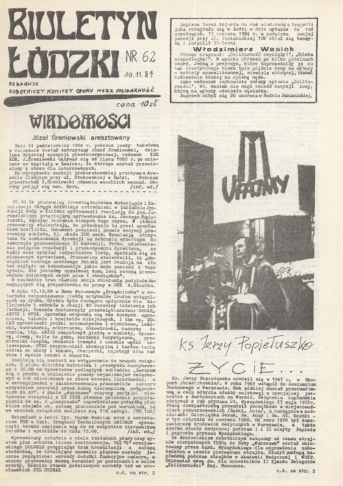 Biuletyn Łódzki z 10 listopada 1984 r. poświęcony ks. J. Popiełuszce (z zasobu AIPN, strona internetowa Encyklopedia Solidarności)