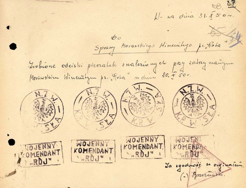 Odciski pieczęci znalezionych przy aresztowanym 20 października 1950 r. Wincentym Morawskim ps. „Rota”: „N.Z.W. K.P. Wisła” oraz „WOJENNY KOMENDANT »RÓJ«” (z zasobu AIPN)