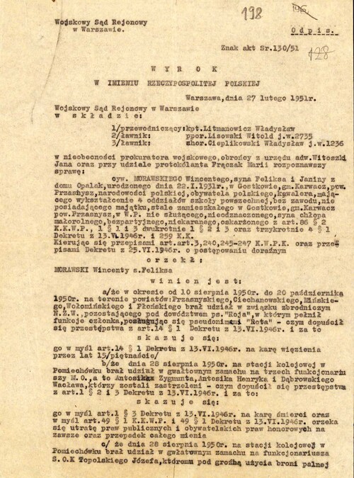 Odpis pierwszej strony wyroku Wojskowego Sądu Rejonowego w Warszawie z 27 lutego 1951 r., skazującego Wincentego Morawskiego na karę śmierci z pozbawieniem praw publicznych i obywatelskich praw honorowych na zawsze oraz przepadek całego mienia (z zasobu AIPN)