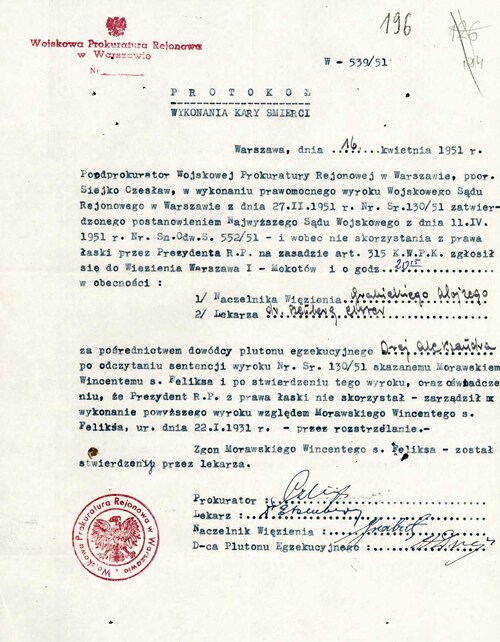 Protokół wykonania kary śmierci. Wincenty Morawski został stracony przez rozstrzelanie 16 kwietnia 1951 r. Wyrok wykonał kat więzienia mokotowskiego w Warszawie – Aleksander Drej (z zasobu AIPN)