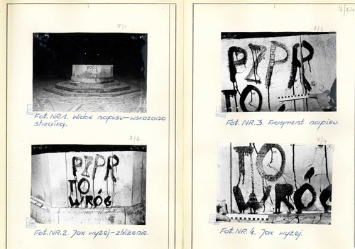 Zdjęcia operacyjne SB, przedstawiające napis na postumencie w parku im. Jana Matejki przy ul. Gabriela Narutowicza w Łodzi, 6 grudnia 1964 roku
