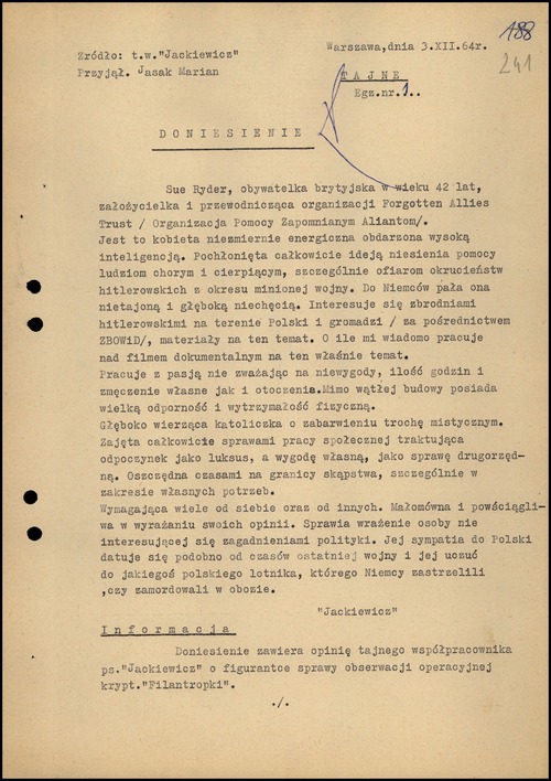 Doniesienie agenturalne tajnego współpracownika ps. „Jackiewicz”, zawierające charakterystykę Sue Ryder. Warszawa, 3 grudnia 1964 r. (z zasobu AIPN)