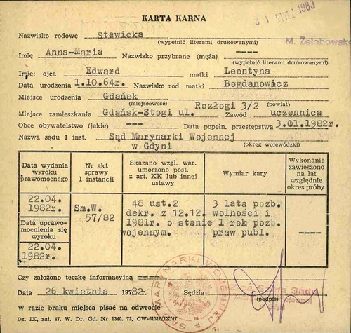Karta karna Anny Stawickiej, 1982 r. (z zasobu AIPN)
