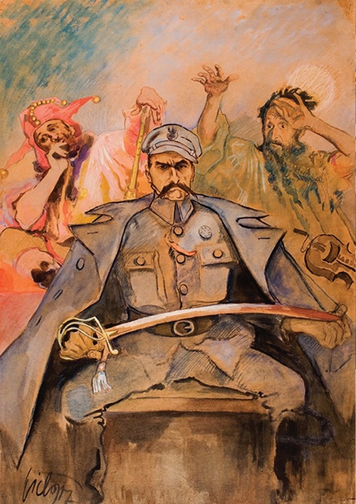Kazimierz Sichulski, Portret Józefa Piłsudskiego ze Stańczykiem i Wernyhorą, 1917 r. (ze zbiorów Muzeum Narodowego w Warszawie)