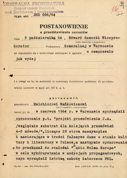 Postanowienie o przedstawieniu zarzutów Melchiorowi Wańkowiczowi, 5 października 1964 r. (z zasobu AIPN)