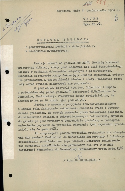 Notatka służbowa z rewizji przeprowadzonej w mieszkaniu Melchiora Wańkowicza w dniu 5 października 1964 r. Warszawa, 6 października 1964 r. (z zasobu AIPN)