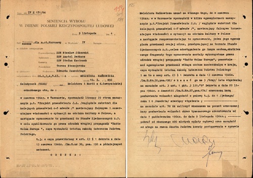 Wyrok skazujący w sprawie Melchiora Wańkowicza, wydany przez Sąd Wojewódzki dla m.st. Warszawy (pierwsza i druga strona) 9 listopada 1964 r. (z zasobu AIPN))