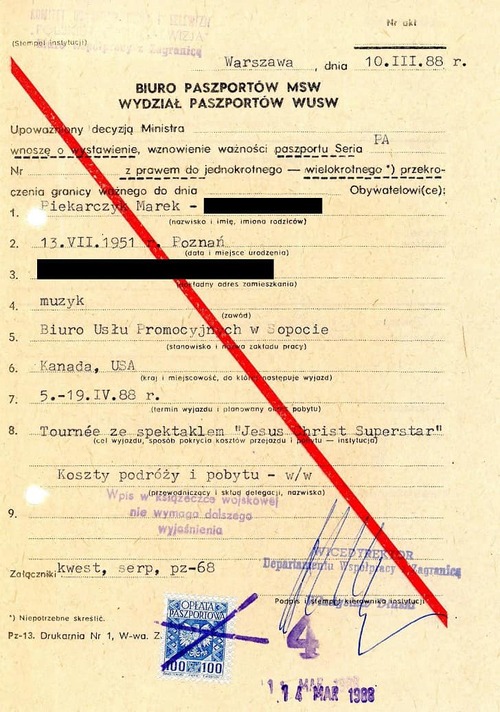 Wniosek o wydanie Markowi Piekarczykowi paszportu na wyjazd na tournée z musicalem „Jesus Christ Superstar” do Ameryki Północnej w 1988 r. (z zasobu IPN)