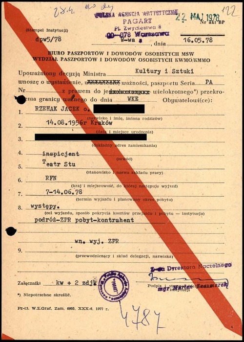 Wniosek o wydanie Jackowi Rzehakowi paszportu na wyjazd do RFN. Dokument z okresu jego pracy w Teatrze Stu w Krakowie, gdzie kilka lat później były rejestrowane pierwsze przeboje zespołu TSA (z zasobu IPN)