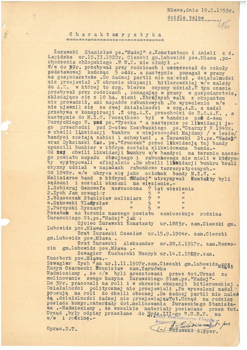 Charakterystyka Stanisława Żurawskiego pseudonim Madeja sporządzona w PUBP w Mławie 19 października 1953 roku