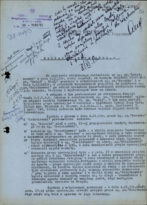 Meldunek specjalny kapitana Eugeniusza Głowackiego, naczelnika Wydziału trzeciego WUBP w Warszawie, dotyczący ujęcia Stanisława Żurawskiego pseudonim Madej