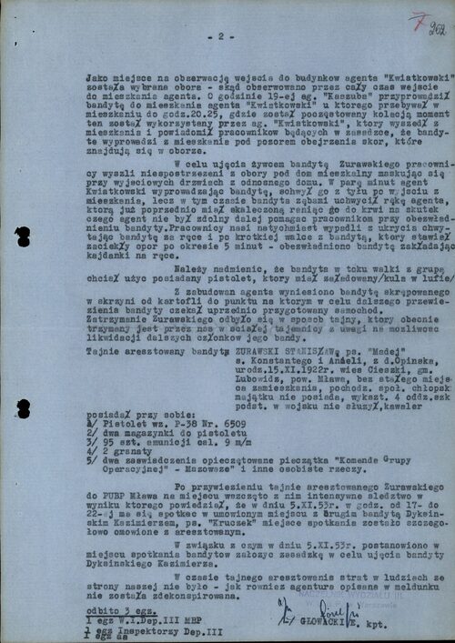 Meldunek specjalny kapitana Eugeniusza Głowackiego, naczelnika Wydziału trzeciego WUBP w Warszawie, dotyczący ujęcia Stanisława Żurawskiego pseudonim Madej