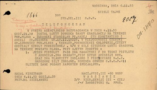 Telefonogram z 6 listopada 1953 roku informujący o ujęciu Stanisława Żurawskiego pseudonim Madej. Dokument z akt kontrolnych sprawy agenturalnego rozpracowania kryptonim Łazęgi