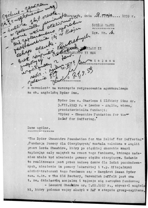 Report: application for permission to initiate an investigation into Sue Ryder (first of 49 [!] pages of the document). Warsaw, May 9, 1959, (photo from the Archives of the Institute of National Remembrance)