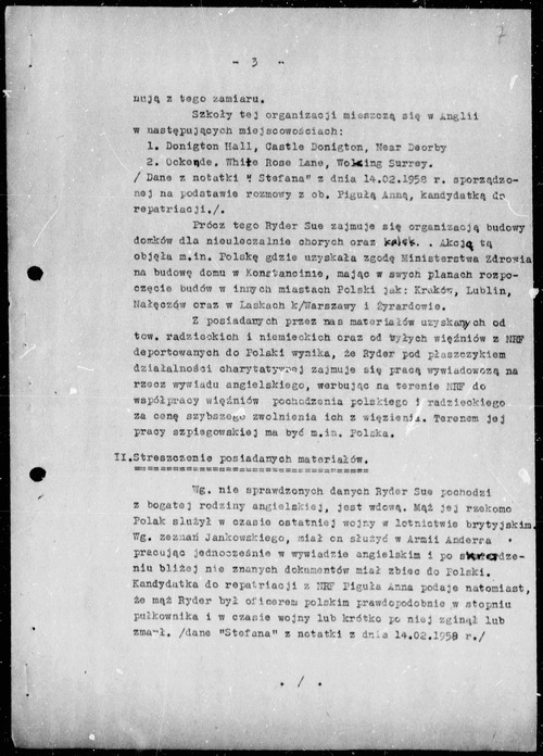 Report: application for permission to initiate an investigation into Sue Ryder (third page). The document includes, among other things, a reference to “materials obtained from Soviet and German comrades,” according to which “Ryder, under the guise of charity, engages in intelligence work.” Warsaw, May 9, 1959, (photo from the Archives of the Institute of National Remembrance)