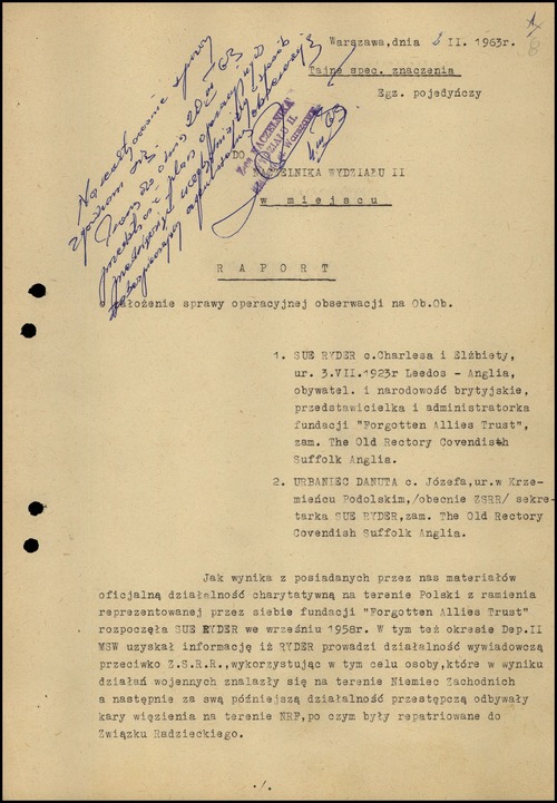 Report: motion to establish an operational surveillance case codenamed “Filantropki” concerning Sue Ryder and her secretary Danuta Urbaniec (front page). Warsaw, February 2[?], 1963 (photo from the Archives of the Institute of National Remembrance)