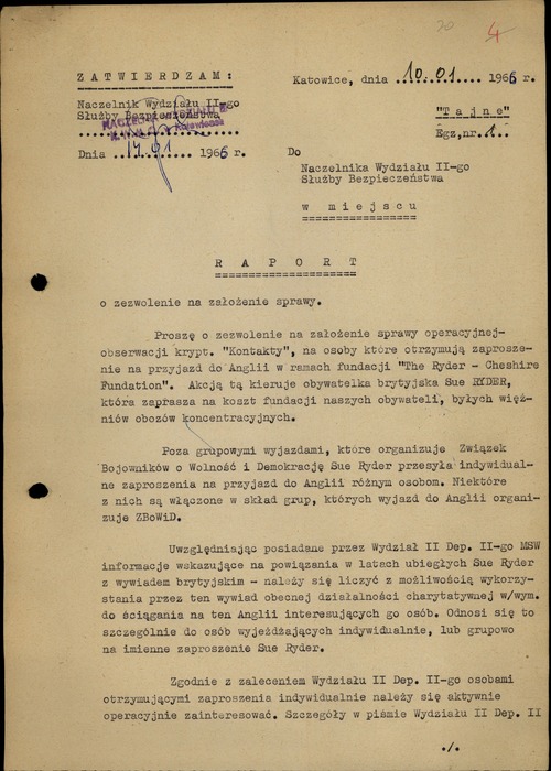Report: motion to establish an operational surveillance case, codenamed “Contacts,” concerning former concentration camp prisoners who came to England at the invitation of Sue Ryder (front page). Katowice, January 10, 1966 (photo from the Archives of the Institute of National Remembrance)