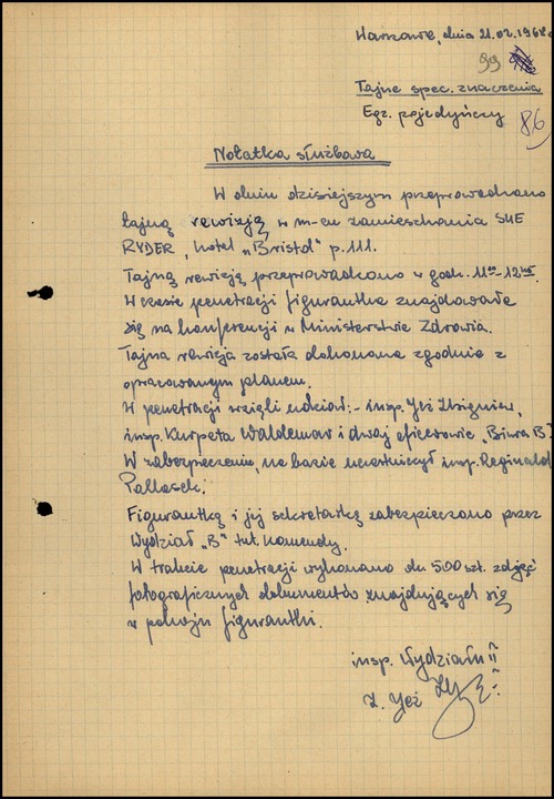 A memo regarding a secret search conducted in Sue Ryder's room at the Bristol Hotel in Warsaw. The document states, among other things, that approximately 500(!) photographs were taken of documents found in the room. Warsaw, February 21, 1968 (photo from the Archives of the Institute of National Remembrance)