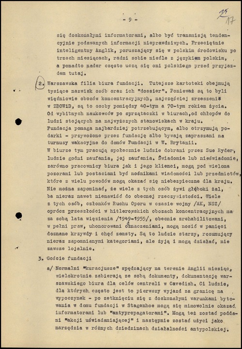 Note from a secret collaborator regarding the Sue Ryder Foundation (page nine). This page of the document characterises the Foundation's Polish employees and guests as potentially dangerous groups from the perspective of the interests of the Polish People's Republic. Warsaw, March 22, 1972 (photo from the Archives of the Institute of National Remembrance)
